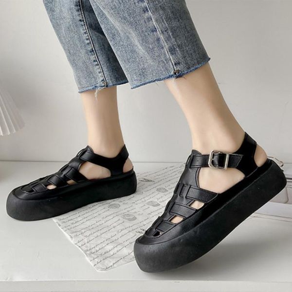

sandals women's pu leather weave buckle strap thick bottom retro sport ladies shoes rome outdoor beach comfortable 2021 summer, Black