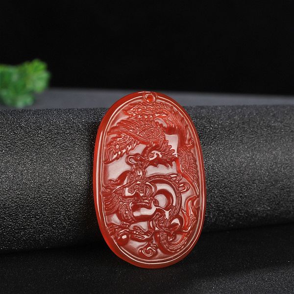 

natural red agate dragon phoenix jade pendant necklace chalcedony carved fashion charm jewelry amulet for men women lucky gifts, Silver