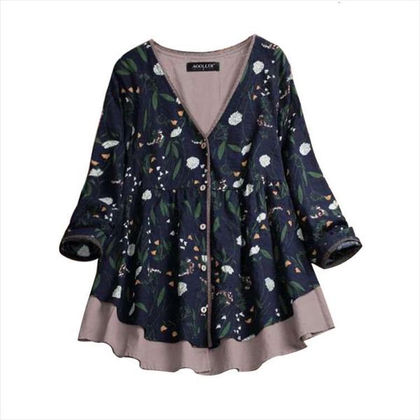

5xl plus size womens shirts spring autumn v neck long sleeve floral print patchwork elegant ladies, White