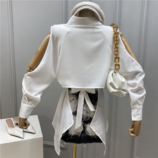 

women's blouses & shirts [ewq] summer 2021 simple casual long sleeve ladies cutout design shirt turn-down collar off shouldre white blo