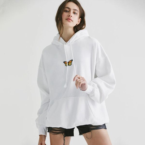 

women's hoodies & sweatshirts vintage butterfly embroidery hoodie white all-match long sleeve women autumn casual chic hooded sweatshi, Black