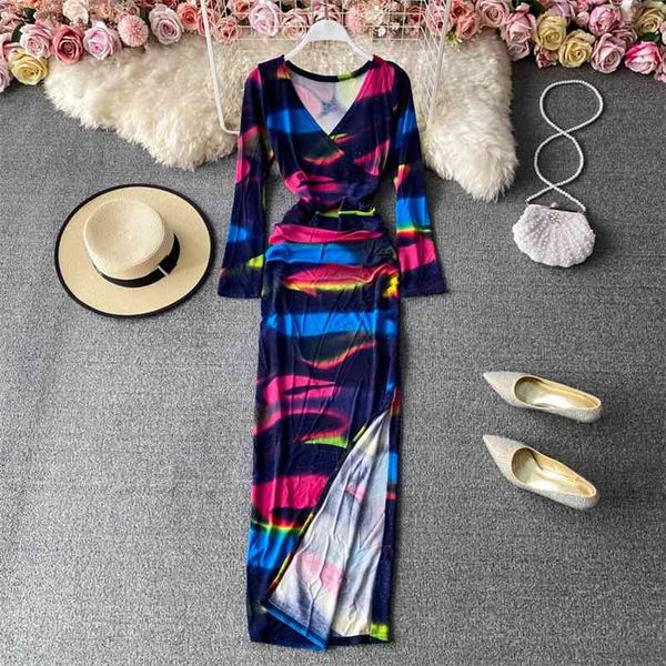 

spring autumn banquet dress tie-dye printing v-neck bag hip slim slimming split long c094 210506, Black;gray