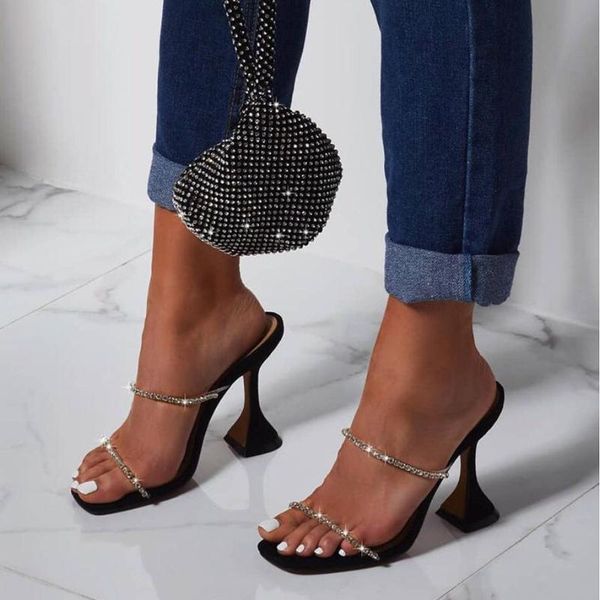 

women's crystal slippers ladies square toe cup high heels woman summer casual shoe female rubber sole elegant footwear, Black