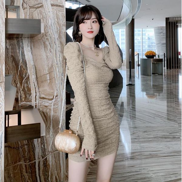 

casual dresses 2021 autumn retro folds slim square neck dress office lady polyester sheath knee-length collar natural, Black;gray