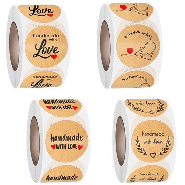 

100-500pcs/roll round kraft natural handmade with love stickers for package thank you seal labels stationery gift wrap