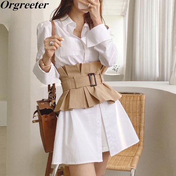

summer fall women shirt dress 2 piece set fashion lapel single-breasted slim mini white female with irregular girdle suits casual dresses, Black;gray