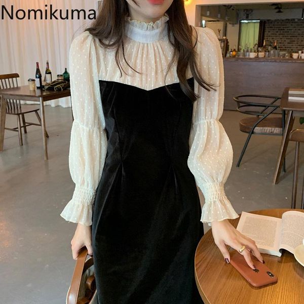 

casual dresses nomikuma fake two pieces velour dress korean dot pleated stand neck women vestidos 2021 slim waist elegant 6d218, Black;gray