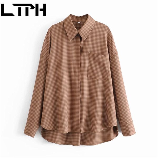 

ltph ins style vintage blouses for women lapel long sleeve loose plaid boyfriend style shirt chic spring autumn 210423, Black;gray