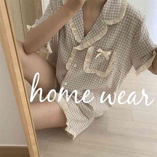 

korean pajama for women summer loungewear sleepwear sets girls sweet plaid lapel pyjama kawaii ruffle pijama japanese home suit 210809, Black;red