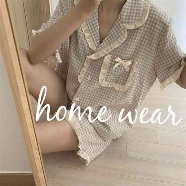 Pijama coreano para mulheres Verão Loungewear Sleepwear Sets Girls Doce Manta Lapela Pijama Kawaii Ruffle Pijama Japonês Terno Home 210809