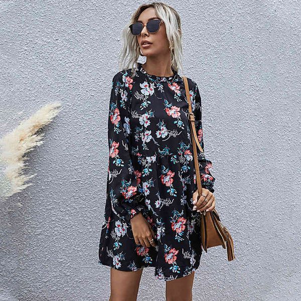 

2021 new autumn winter fashion floral women casual full sleeve high waist loose print dress, Black;gray