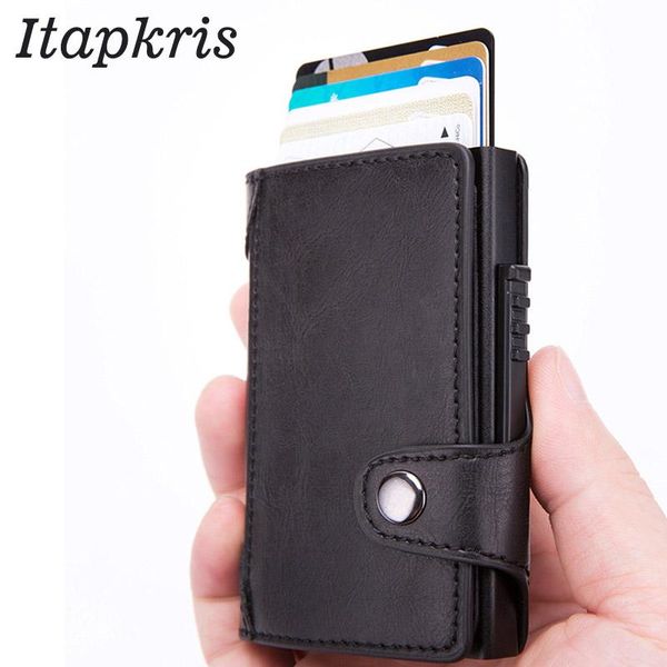 

card holders itapkris men credit id holder fashion women pu leather wallet business rfid aluminum travel case black, Brown;gray