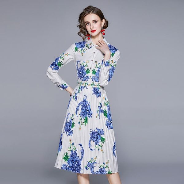 

casual dresses zuoman women autumn elegant floral dress shirt long blue office party robe femme runway designer pleated vestido, Black;gray