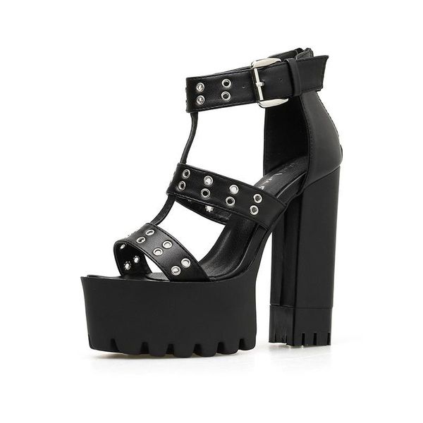 

dress shoes black punk gothic platform sandals open toe buckle strappy women summer rivets thick heels footwear