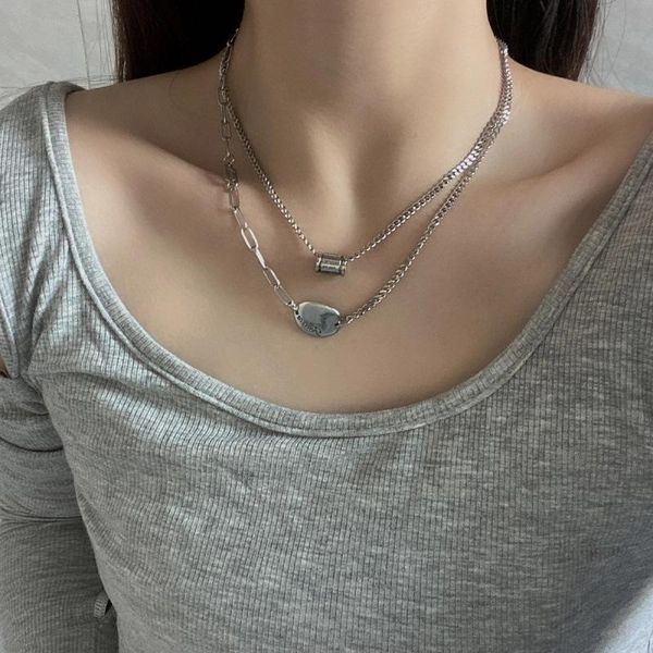 

double-layer stainless steel necklace ladies geometric round bead pendant short curved letter party gift necklaces, Silver