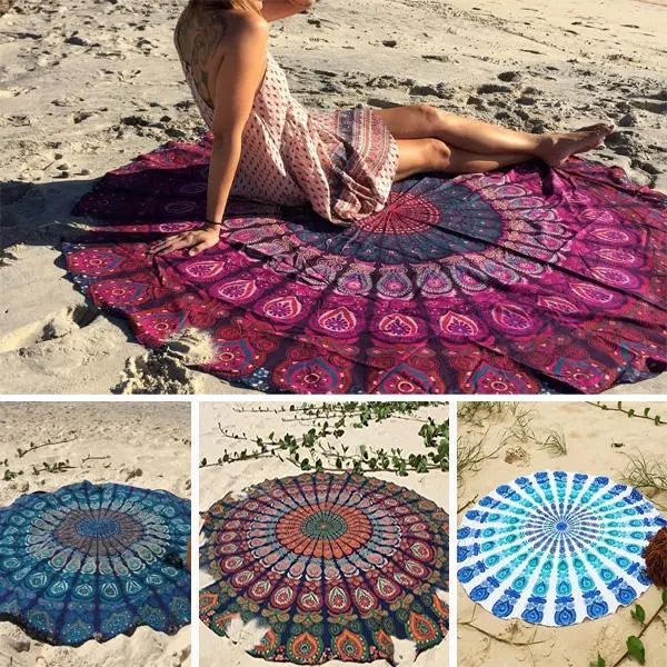 

honana wx sarongs -16 150cm bohemian style thin chiffon beach shawl mat mandala round silk scarf bed sheet tapestry, Blue;gray