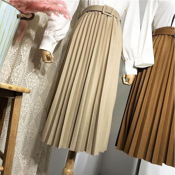 

spring autumn elegant high waist women's skirts multi colors pleated with belted fashion midi female saia 2021, Black