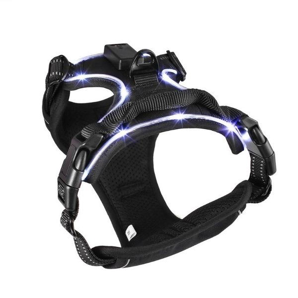 Hundehalsbänder und Leinen, schwarz, strapazierfähig, weich gepolstert, Komfortkontrolle, verstellbares LED-Halsband, Geschirr, Brustgurt für Haustiere, USB wiederaufladbar