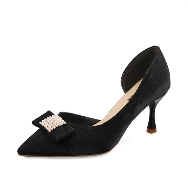 

dress shoes 2021 french style girl high heels rhinestone decoration design thin shallow mouth pointed toe casual pumps, Black