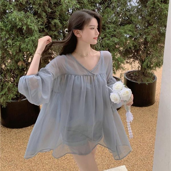 

women's blouses & shirts vintage lantern sleeve chiffon and camisole women autumn fashion solid v-neck loose korean long shirt 2-piece, White