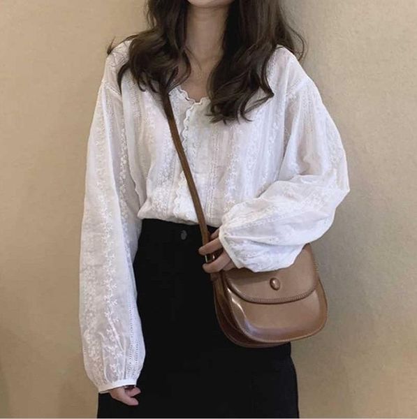 

women's blouses & shirts chic white chiffon women 2021 spring autumn vintage femme korean casual loose hook lace long sleeve female