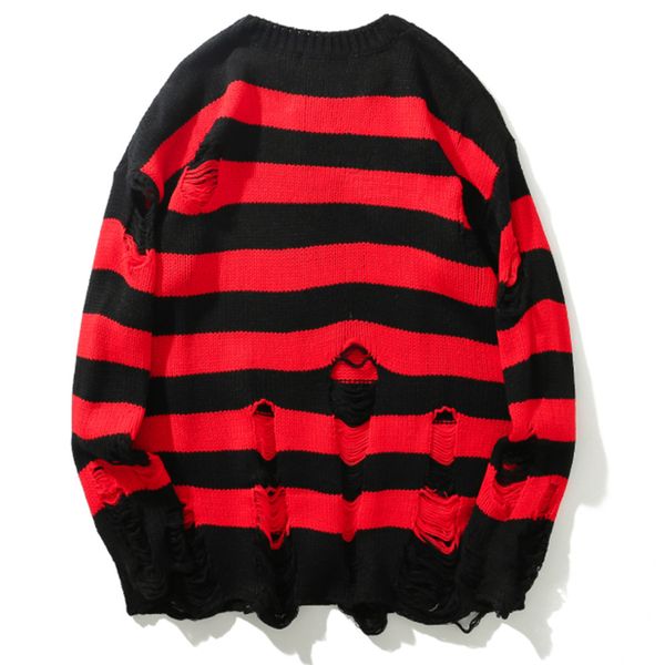

men's hoodies & sweatshirts aolamegs sweater men striped hole knitted pullover couple casual baggy fashion full sleeve high street jump, Black