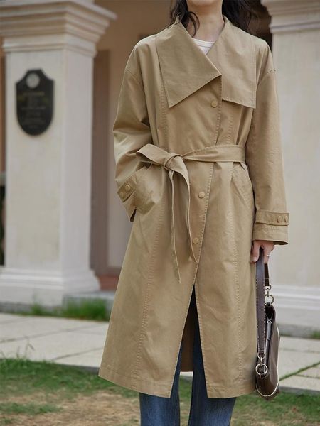 

women's trench coats medium and long windbreaker coat early spring 2021 hepburn loose, Tan;black