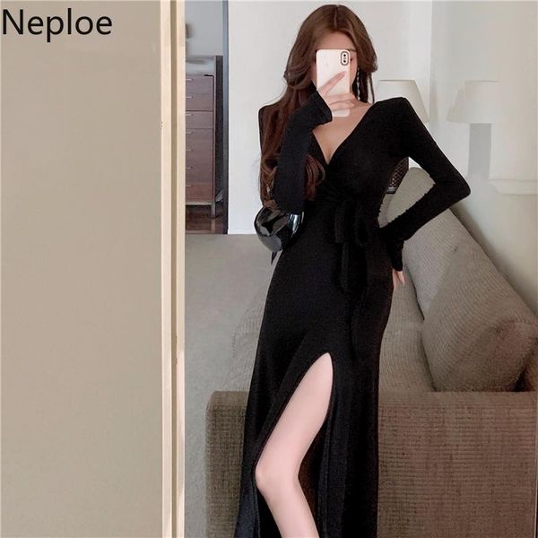 

casual dresses neploe black woman dress 2021 temperament robe v-neck long sleeve split korean slim waist vestidos female 97117, Black;gray