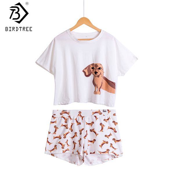 

women's dachshund dog print sets 2 pieces pajama suits crop + shorts stretchy loose plus size elastic waist s69305 210419, White