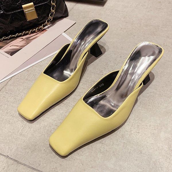 

slippers 2021 long square head leather women sandals fashion summerwoman pumps lazy shoes muller white outdoor flip flops, Black