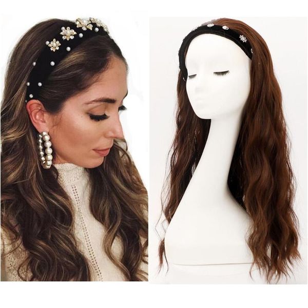 

synthetic wigs hywamply 24inch wavy u shaped for women 3/4 half with crystal headband accessories hair piece, Black