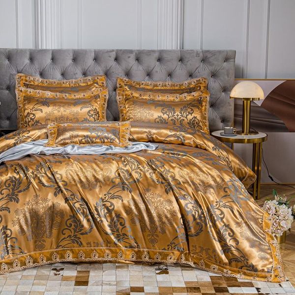 

bedding sets gold satin jacquard luxury euro set soft silky lace double duvet cover jnclude pillowcases 3pcs bedroom comforter