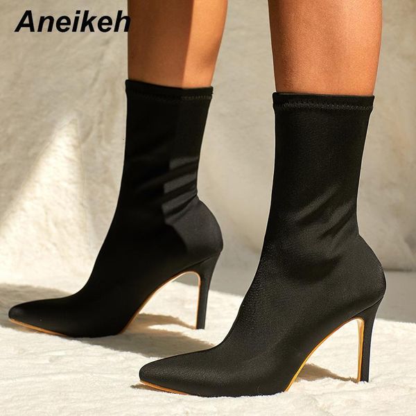 

boots aneikeh 2021 spring autumn stretch fabric fashion pointed toe stiletto heel high ankle slip on pumps shoes size 4-11 95r6, Black