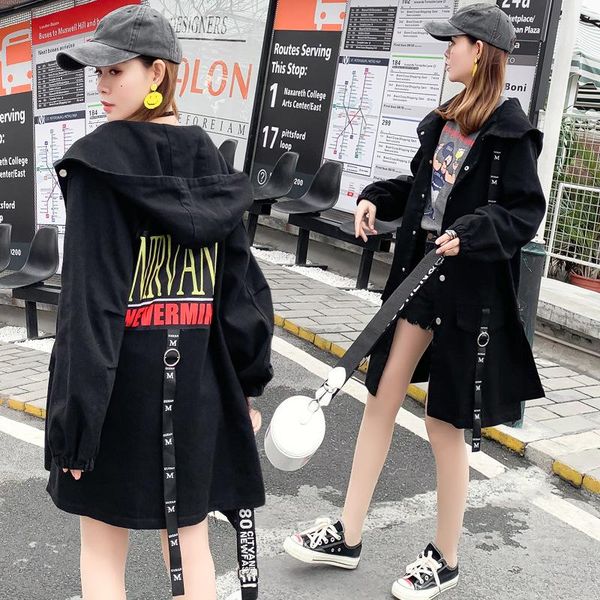 

women's jackets autumn 2021 bf harajuk loose black denim jacket woman hooded jeans coat hip hop letter print long windbreaker women, Black;brown
