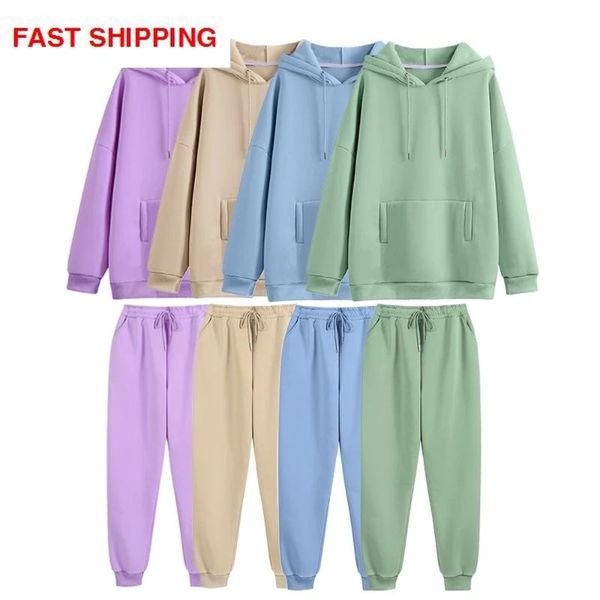 

women's two piece pants pieces set purple fleece tracksuits women oversized hooded sweatshirt+pants solid color hoodie suits autumn cas, White