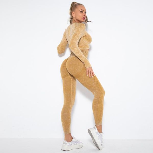 

yoga outfit 2021 tie dye washed seamless fitness suit long sleeve sport for woman gym clothing wear scrunch leggings set push up