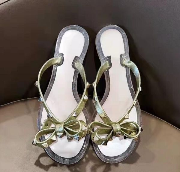 

summer lady sandals fashion flat bottom rivet bowknot jelly outdoor sandal waterproof five colors waterproof woman sand beach flip flops, Black