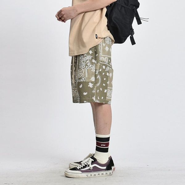 

men's shorts cashew flowers full print casual mens summer half pants elastic waist loose knee-length men, White;black