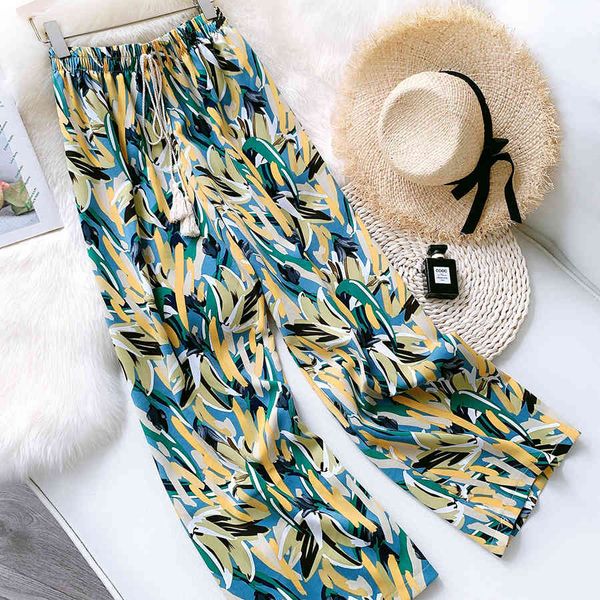 

women's pants & capris 2021 summer boho casual stretch high waist fashion print wide leg female trousers ankle length i4g5, Black;white