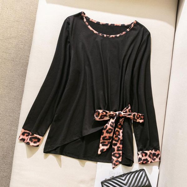 

women's t-shirt plus size tee shirt women 2021 fashion female o neck long sleeve leopard bow tie elegant black irregular t shirts, White