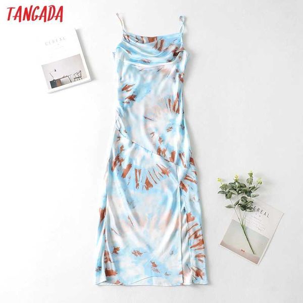 Tangada moda mulheres gravata tingido cópia esteira vestido sem mangas sem costas feminina casual mdi vestido ja74 210609