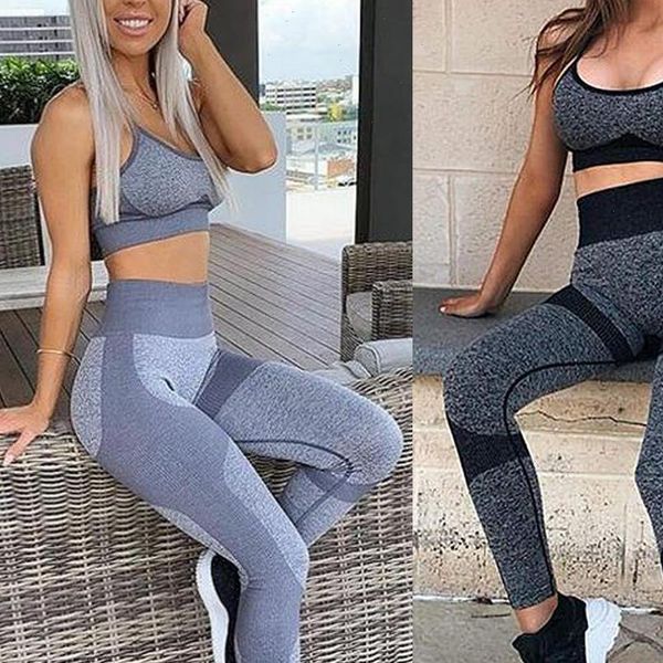 

seamless fitness womens tracksuits set women workout clothing slim leggings female legging padded push up strappy bra suits, Gray