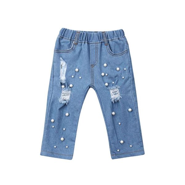 

1-7y baby kids girls denim pants children bead hole jeans elastic trousers girl clothing summer autumn long, Blue