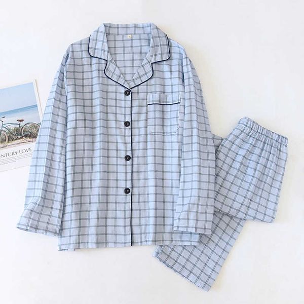 

japanese spring and autumn men's cotton lapel long-sleeved trousers simple plaid home pajama set plus sizemen pajamas 211019, Black;brown