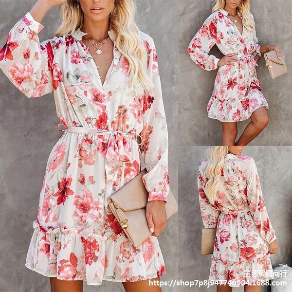 

casual dresses dress with floral pattern autumn 2021 women's clothing strappy ruffle tunics short long sleeve hit fashion white sexy, Black;gray