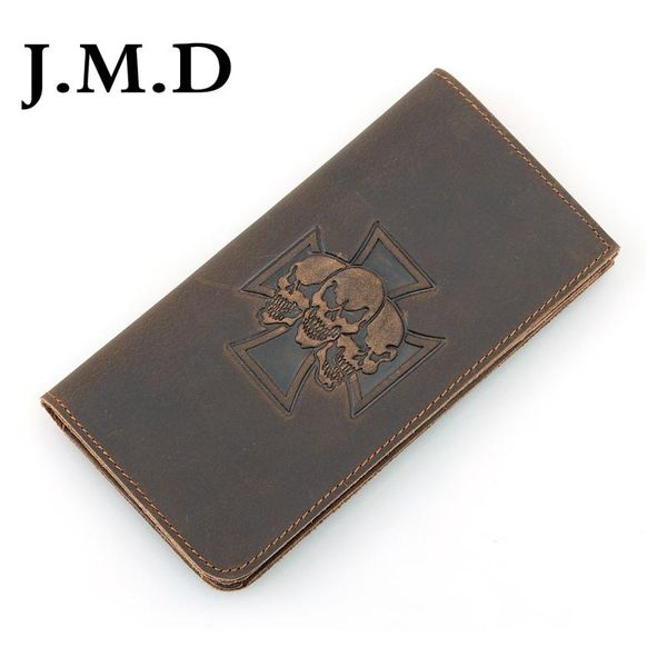 

j.m.d crazy horse leather billfolds wallet selling 2021 genuine skull pattern long mens wallets, Red;black
