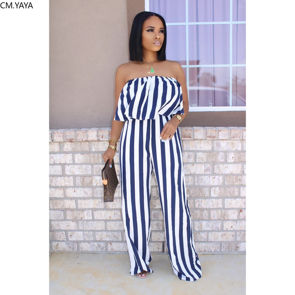 

2021 summer women sleeveless jumpsuits strapless striped print rompers backless night club party one piece outfits gl5005, Black;white