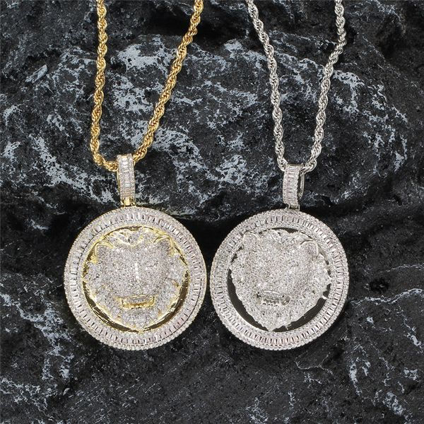 

hip hop disc lion head pendant necklace 18k gold plated iced out zircon with tennis chain, Silver
