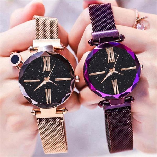 

wristwatches women watch casual montre femme mesh magnet starry sky luxury ladies roma dial quartz wristwatch relogio feminino, Slivery;brown
