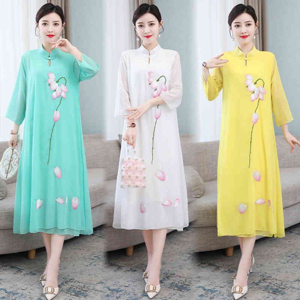 

casual dresses women chinese floral embroidery qipao oriental styled dresses chiffon style modern cheongsam dress 0tpg, Black;gray